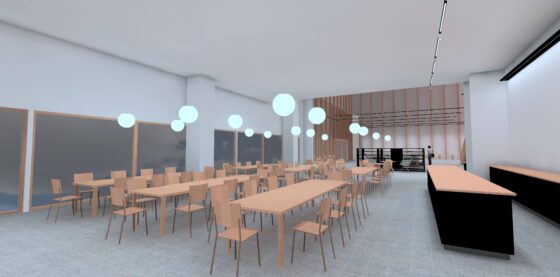 Toimiston lounasravintolan valaistus 3D-mallinnettuna.