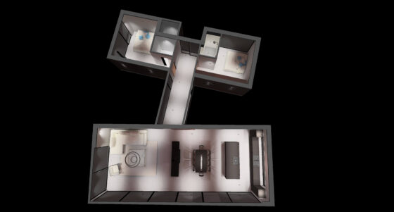 Loma-asunnon 3D-malli ylhäältä päin.